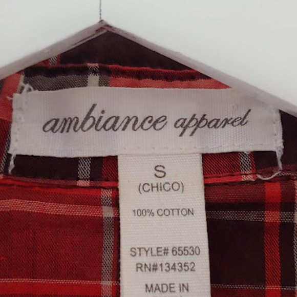 Ambiance apparel plaid short/long sleeve button collared shirt/top/S/orange brwn - Picture 7 of 7